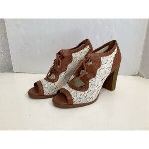 gianni bini women ivory lace/tan leather lace overlay sz 7.5 open toe pump